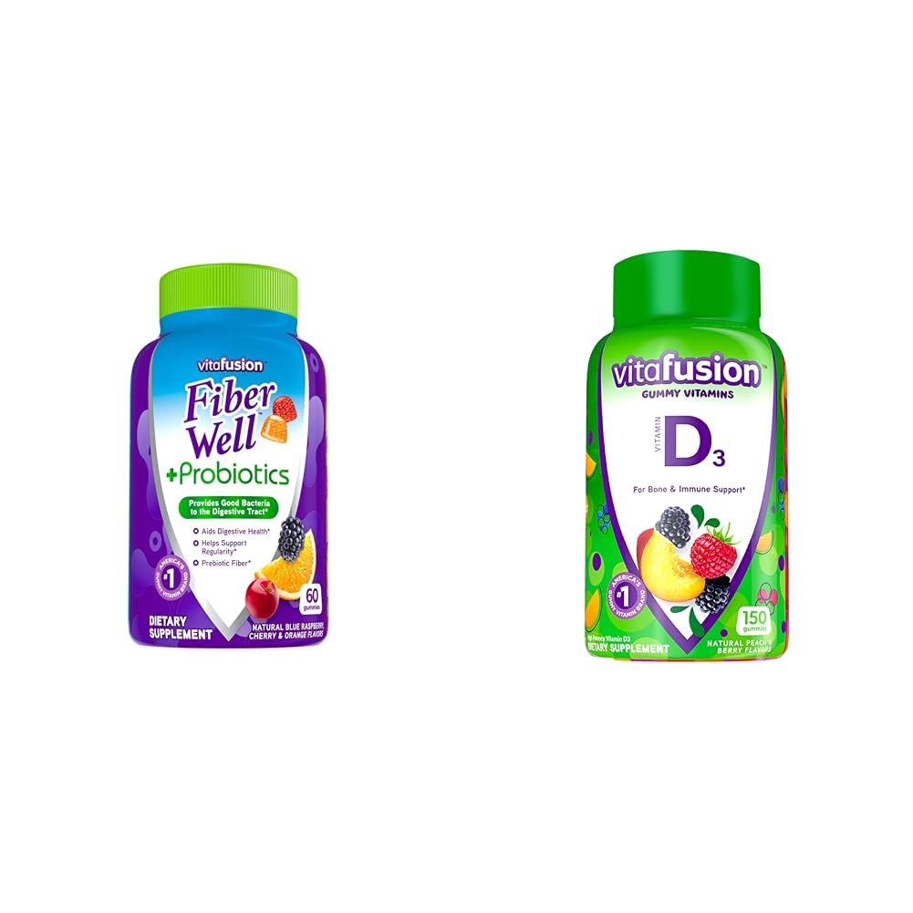 Vitafusion Fiber Well + Probiotica Gummy's voor volwassenen, 60 Count Vitamine D3 Gummy Vitaminen, Perzik, BlackBerry en Aardbei Gearomatiseerd, 50 mcg Vitamine D, 150 Tellen