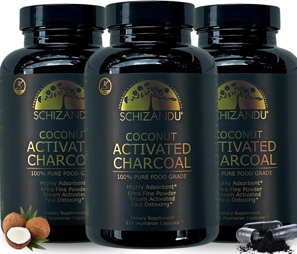 Geactiveerde Kokoskool Capsules- Ondersteunt Gezondheid - Veganistisch, Organisch, Niet-GMO, Geen Additieven - X-Large Fles 210 Tel - Verpakking van 3