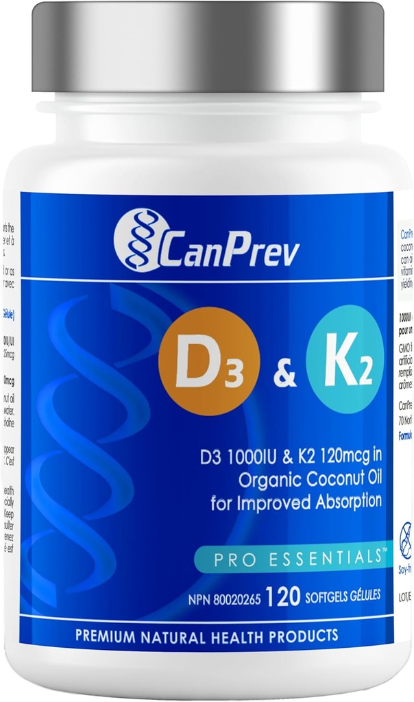 CanPrev D3 & K2 Vitamins 120 Softgels, 120-Day Supply, 1000IU Vitamine D3 & 120mcg K2, ondersteunt sterke botten, tanden en hart Wellness, gemakkelijk te Absorb met biologische kokosolie, geen GGO, gluten, soja, zuivel