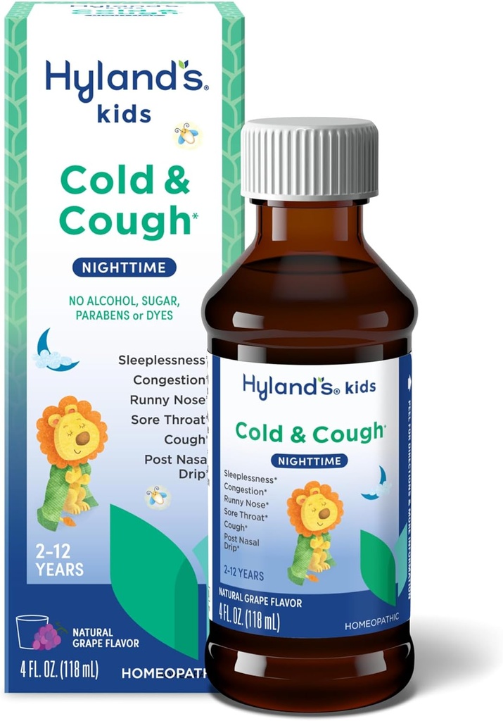 Hyland's Kids Cold and Cough, Nighttime Grape Flavor Cough Syrup Medicine voor kinderen leeftijden 2 en ouder, Decongestant, Sore Throat, en slapeloosheid Verlichting van de algemene koude symptomen, 4 Fl Oz