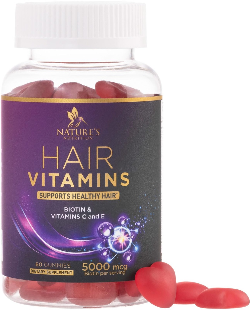 Haarvitaminen Gummies met Biotin 5000 mcg - Sterker, stralend haar, huid en nagels supplement - vitamine E & C, haargroei ondersteuning Vitamine voor vrouwen en mannen, niet-GMO & Glutenvrij - 60 Gummies