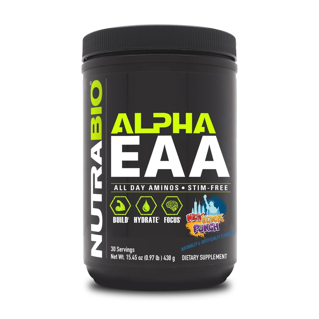 NutraBio Alpha EAA - Acides aminés tout-jour pour la croissance et l'hydratation musculaires - Acides aminés essentiels avec nootropiques et adaptogènes- Plein spectre EAA BCAA Poudre - 30 portions - New York Punch