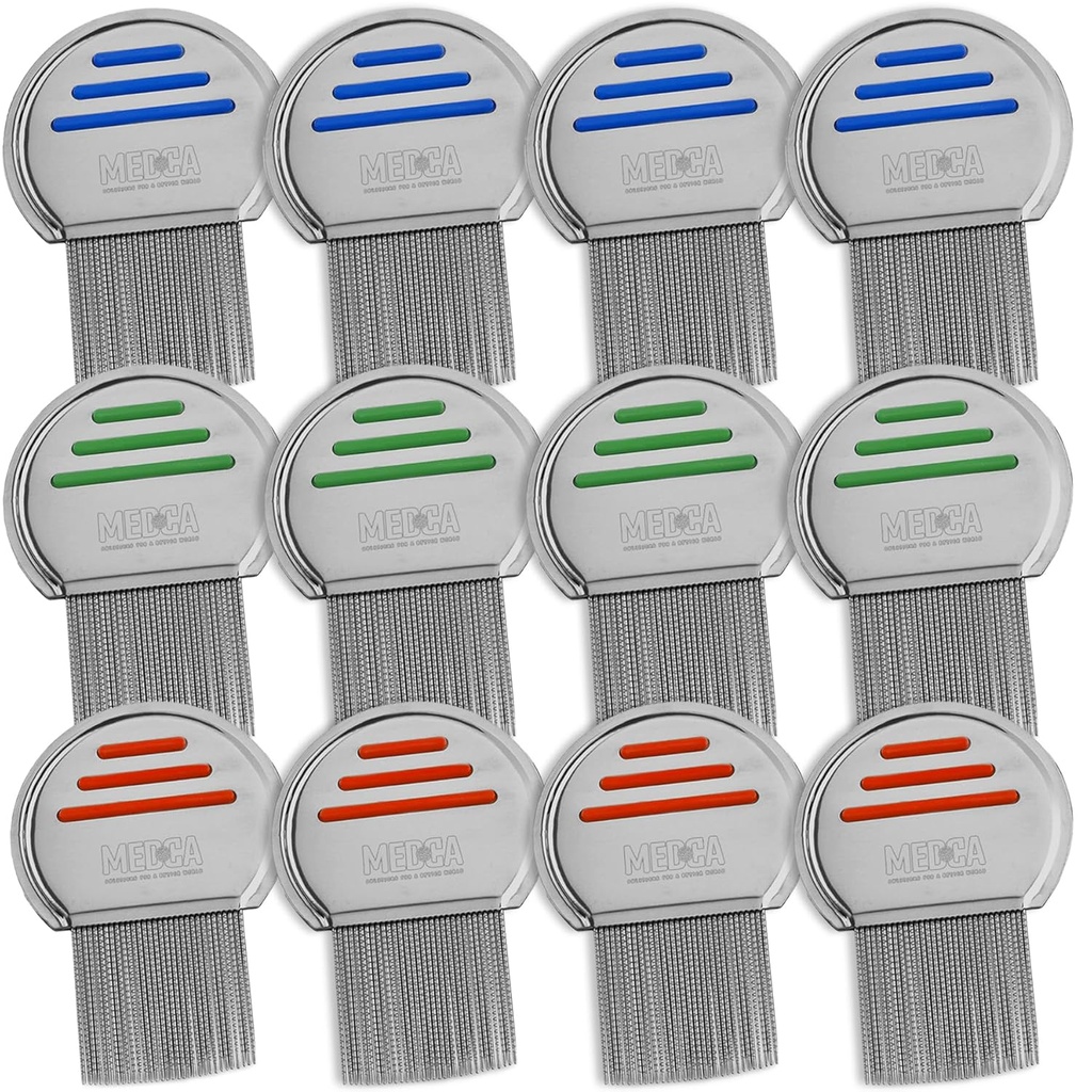 Peigne de lice - (Pack of 12) Traitement de la tête de lice qui est emballé individuellement en acier inoxydable professionnel Louse et Nit Peignes enlève les oeufs avec des conseils arrondis pour le confort