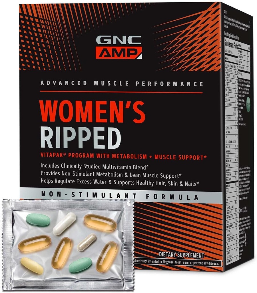 GNC AMP Vrouwen Ripped Non-Stim Vitapak Program, 5 producten in 1 Vitamine Pack, Metabolisme & Lean Muscle, Waterafscheiding, Bewezen Ingrediënten, CLA, Biotine, Multivitamine, Cafeïnevrij, 30-dagen levering