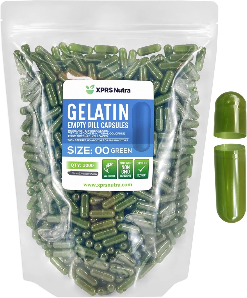 XPRS Nutra Formaat 00 Lege Capsules - 1000 Telle Lege Gelatine Capsules - Pillen DIY Capsule vullen - Vulbare Pill Gel Caps voor Do-It-Yourself Supplements (Groen)