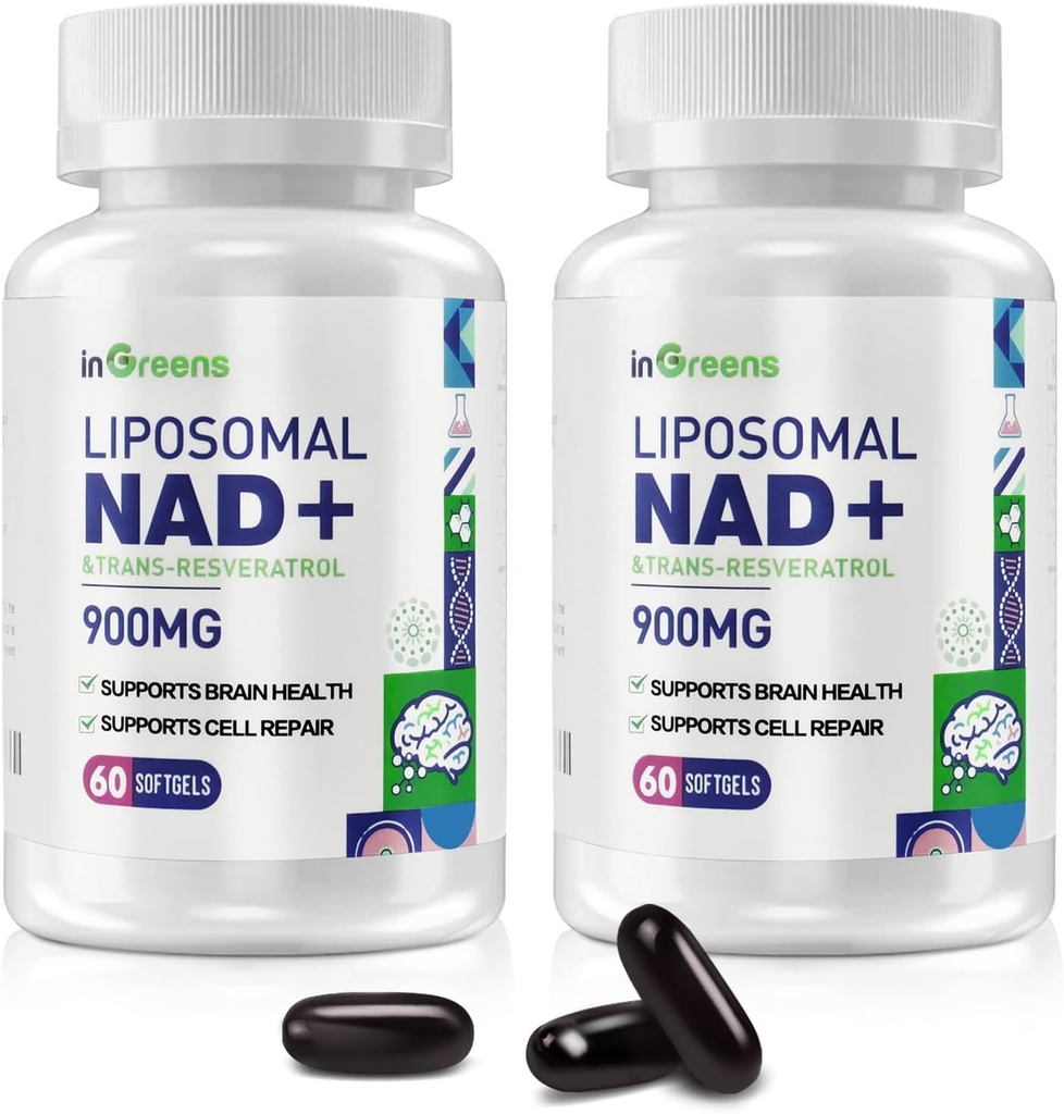900 mg Liposomale NAD+ Supplement met Trans Resveratrol 300 mg, Vervangt NMN, Superior Absorptie, True NAD Plus Supplement voor DNA Reparatie en Boost NAD+, Veroudering Verdediging, Energie, 120 Softgels, 2 Pack