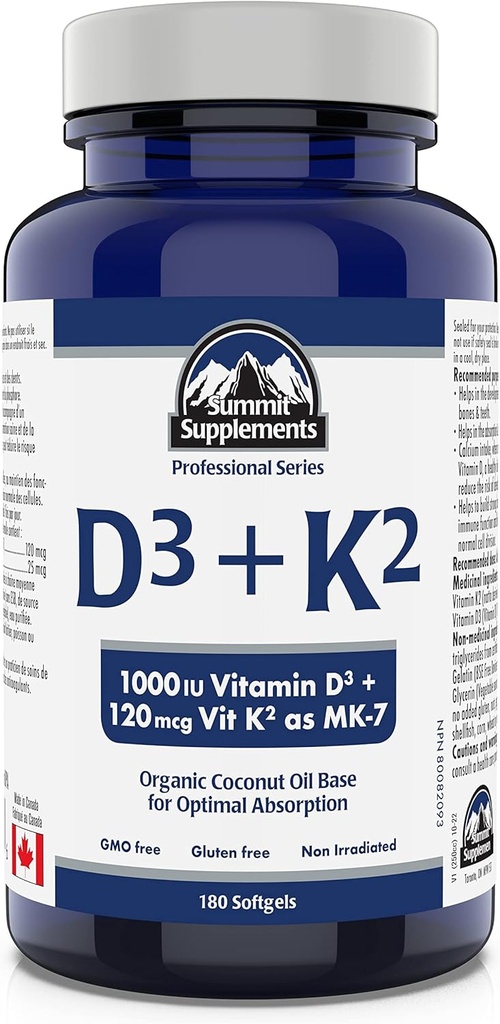 Suppléments du Sommet - Vitamine D3 K2, 180 Softgels - Formulés pour vous aider à maintenir des os, des dents et des muscles sains - Soutenir l'absorption du calcium corporel et réduire le risque de fractures