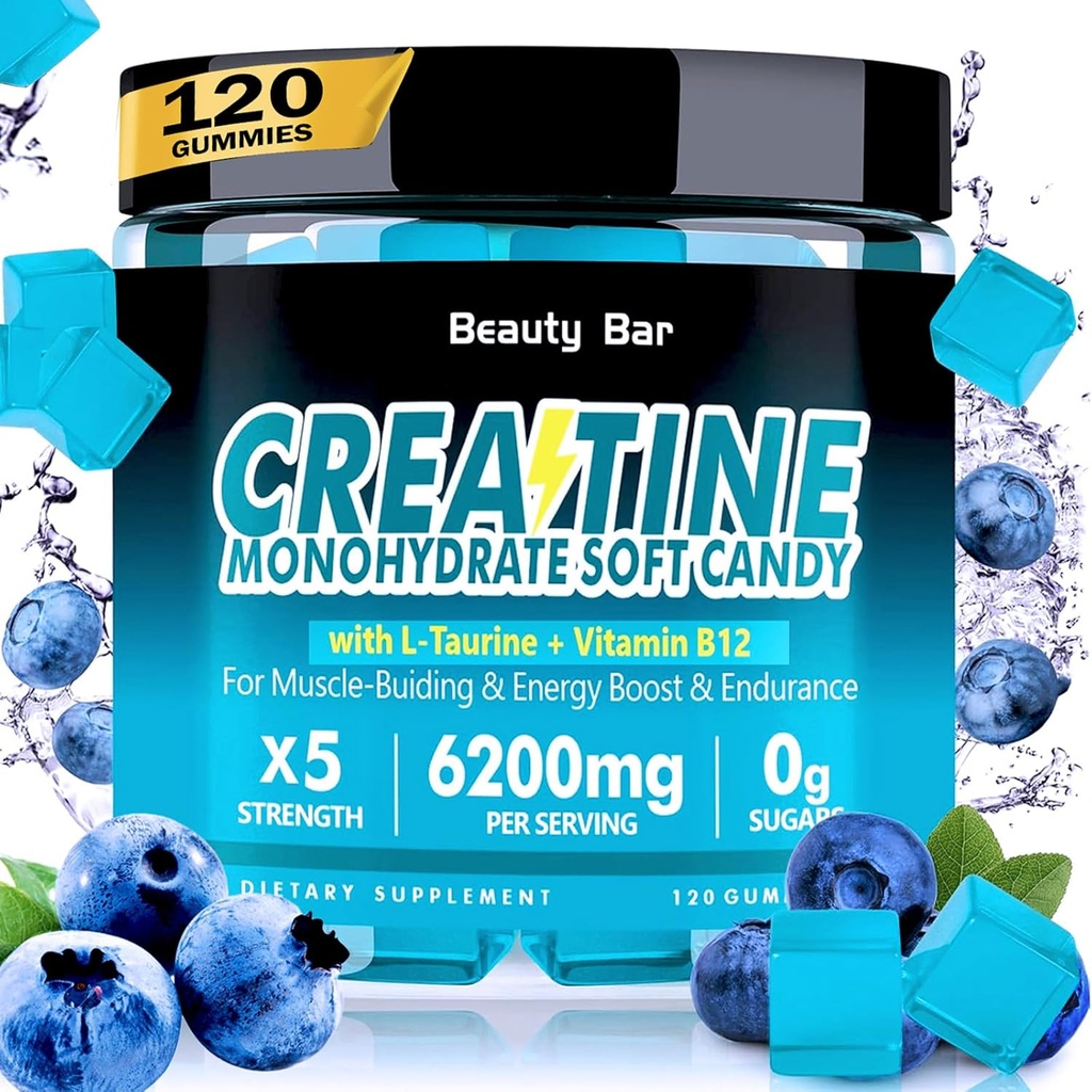 Creatine Monohydrate Gummies,6200mg for Men & Women, Chewable Creatine for Enhanced Muscle Growth, Strength, and Recovery, Sugar Free Pre-Workout Supplement,120 Count,Blueberry Flavor