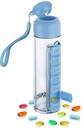 Organisateur Synergy de bouteille d'eau et de pilule - Conteneur de voyage pour eau, jus, vitamines - Pillbox portable de 7 jours - pour l'extérieur, gymnastique, voyage - Easy Carry Strap - BPA sans plastique - 400ml (bleu)