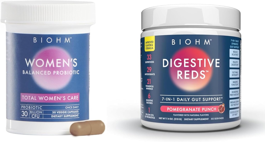 BIOHM Vrouwenprobiotica 30B CFU & 210 oz Essentiële Digestief Rood Poederbundel, Uitgebreide Gut & Vaginale Gezondheidsondersteuning, rijk aan antioxidanten, enzymen, vitamines