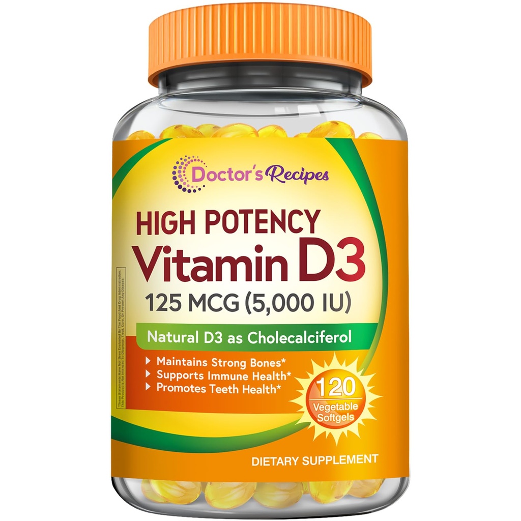 Recepten voor artsen Vitamine D3 5000IE, Immuun Ondersteuning voor Bones, Tanden en Immuun Functie, Non-GMO, Geen Gelatine, Gluten of Soja, 120 Vegetarische Softgels