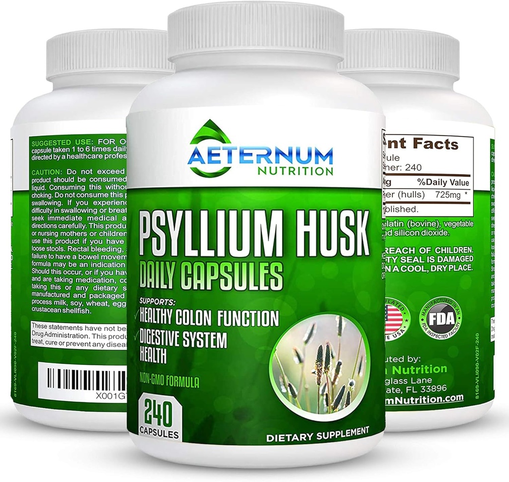 Aeternum Psyllium Husk Caps USA Made - Premium All Natural Fiber Supplement - 240 Husk Powder Capsules 725 Mg per Serving, Ondersteunt gezond spijsverteringssysteem - Alle natuurlijke 100% Oplosbaar