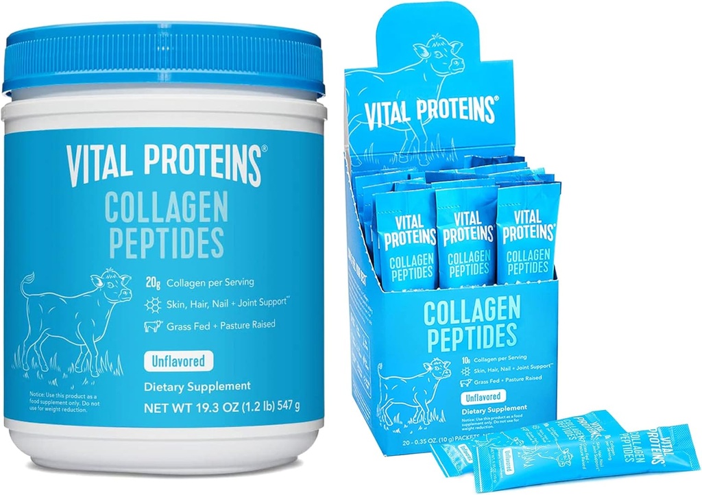Protéines vitales Collagène Peptides Poudre non aromatisée 19,3 OZ + 20 Count Stick Pack