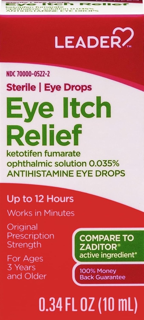 LEADER Steriele oogdruppels voor oogallergie & jeukreliëf, Ketotifen Antihistamine oplossing 0,035%, werkt in minuten, tot 12 uur, voorgeschreven sterkte 0,34 oz