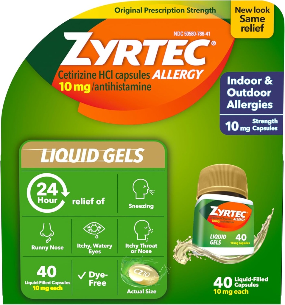 Zyrtec 24-uurs Allergie Relief Liquid Gels, Antihistamin Capsules with Cetirizine HCl Allergie Medicine for All-Day Relief from Runny Nose, Sneezing, Itchy Eyes & More, 40 Count