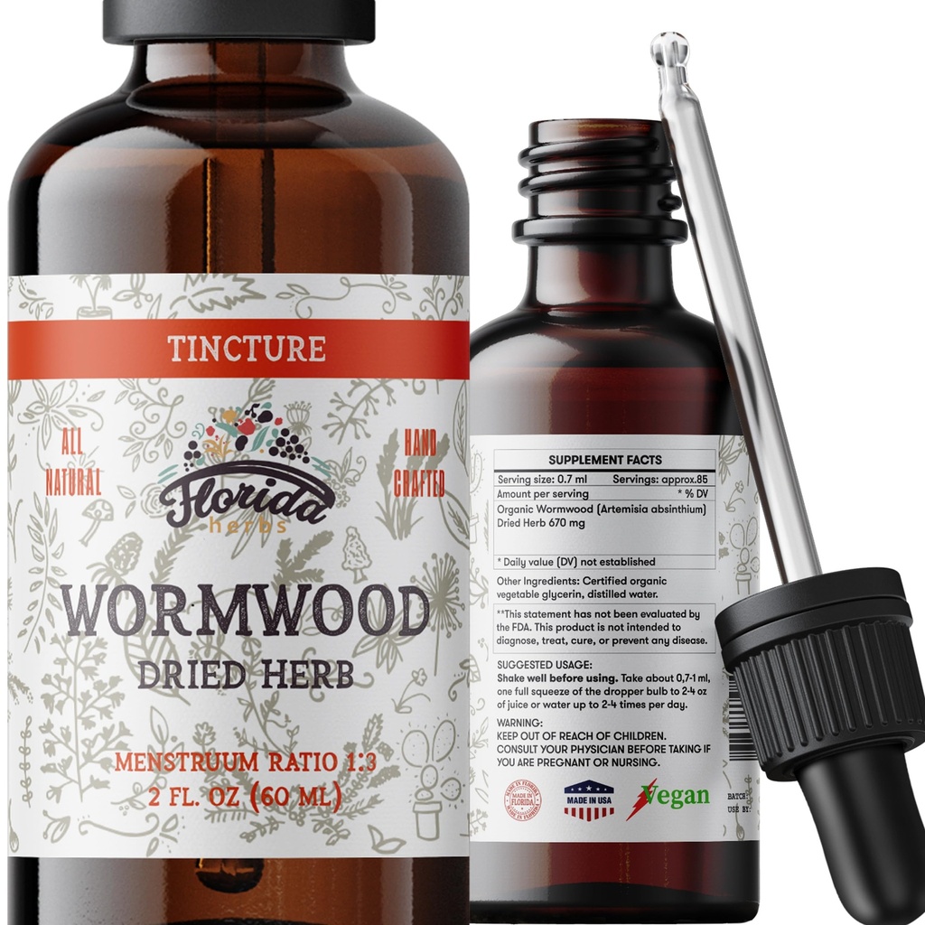 Teinture organique en bois de worm - Supplément naturel de nettoyage intestinal et de nettoyage digestif - Extrait d'herbe en bois de worm pour désintoxication - Fabriqué aux États-Unis - 2 Fl Oz (Wormwood - 2 Fl Oz)