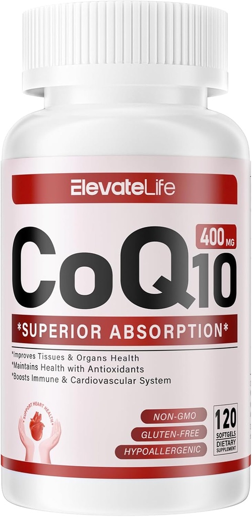 CoQ10-400mg-Softgels met PQQ, BioPerine & Omega-3, Coenzyme Q10(Ubichinon) Supplement voor hoge absorptie, krachtige antioxidant, ondersteuning hart en energieproductie, 120 porties