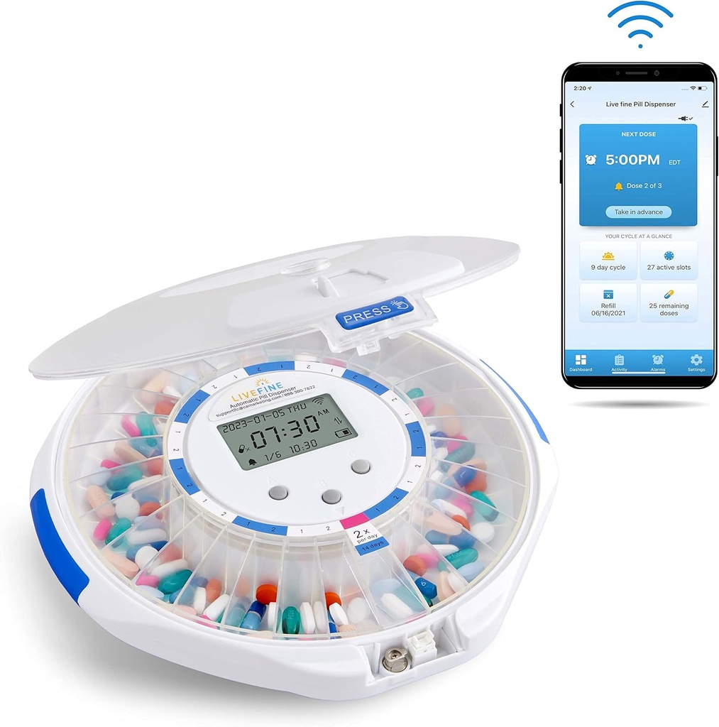 Live Fine Smart WiFi Automatic Pill Dispenser Frosted Lid | 28-Day Medication Organizer Up to 9 Doses Per Day for Care Monitoring with Lock Key, Light/Sound Alarms for Prescriptions & Vitamins