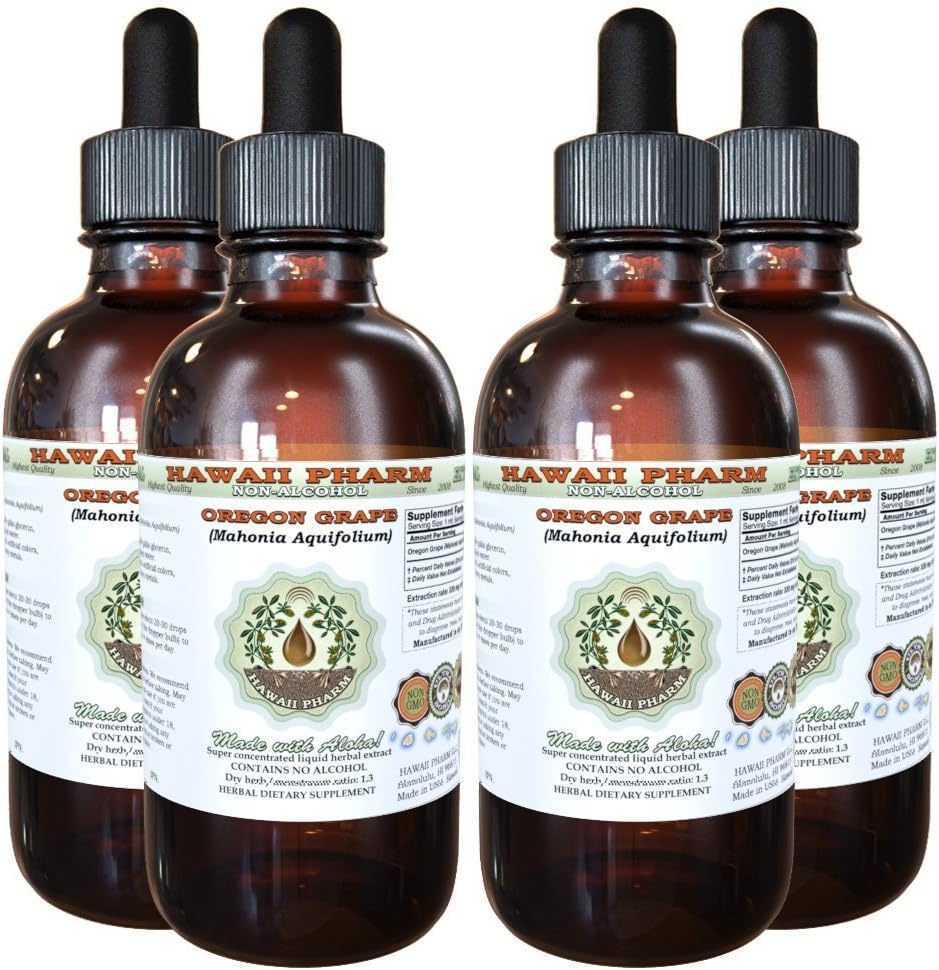 Hawaii Pharm Oregon Grape Alcohol-Free Liquid Extract, Oregon Grape (Mahonia aquifolium) Gedroogde Wortel Glyceriet Natural Herbal Supplement, USA 4x4 fl.oz