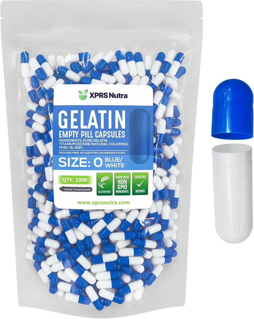 XPRS Nutra Formaat 0 Lege capsules - 1000 Telle Lege Gelatine Capsules - Pillen DIY Capsule Vulling - Pure Bovine Pill Gel Caps for Do-It-Yourself Supplements (Blue/White)