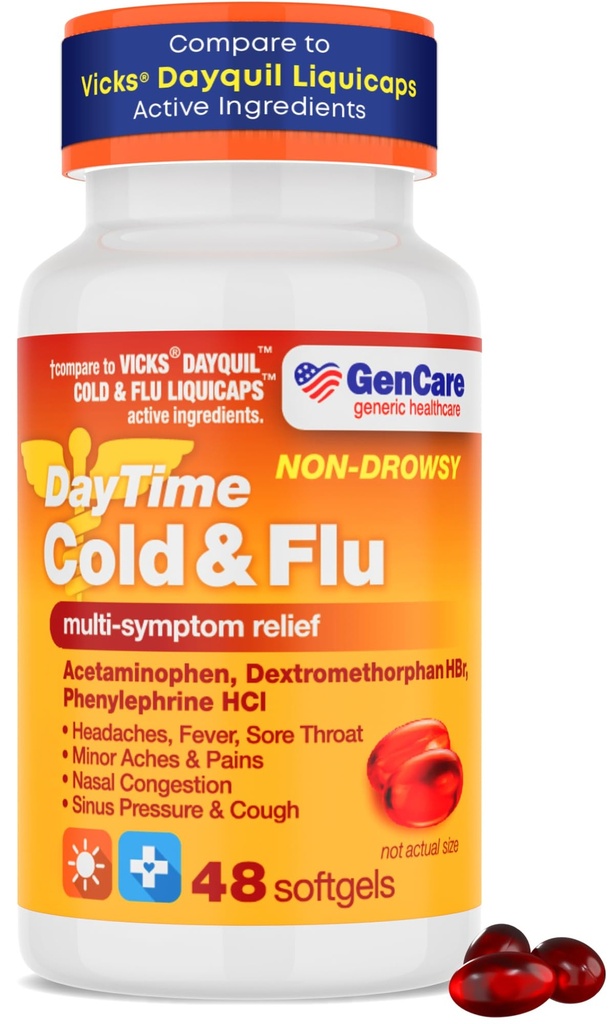 GenCare - Multi Symptoom Non Drowsy Daytime Cold & Flu Relief Acetaminofen 325mg, Dextromethorfan HBr 10mg, Fenylefrine HCl 5mg (48 Softgels) Non Habit Forming Pain Reliever & Nasal Decongestant