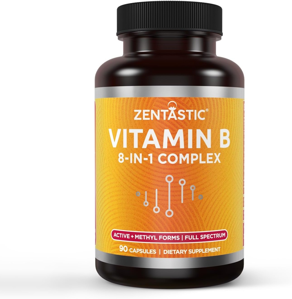 Complexe de vitamine B Zentastique - Toutes les vitamines B avec Acide folique B12, B6, B9 Choline, Inositol - Formes actives et méthyliques - Système nerveux, Énergie, Métabolisme, Soutien immunitaire - 90 Capsules Vegan