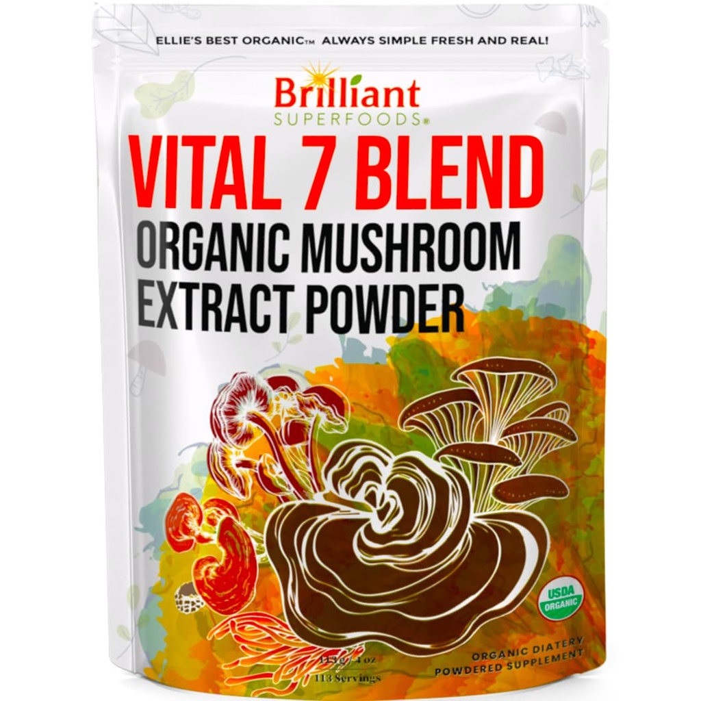 Ellie's beste 7 Paddestoelpoeder Extract Blend Supplement Biologische 114 Servings Hoge Potentie Dubbele Extracted Cordyceps, Reishi, Turkije staart, Chaga, Lion's Mane - 4oz