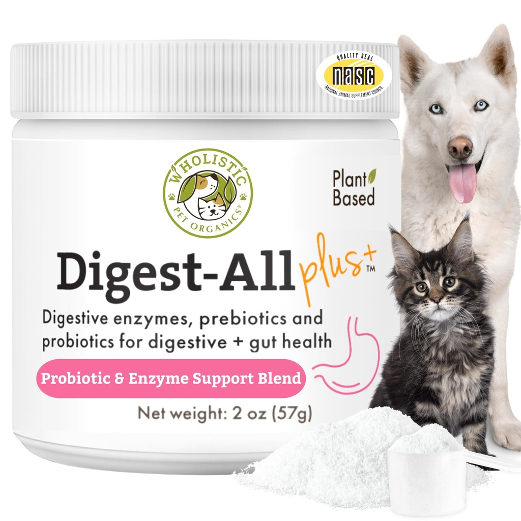 Wholistic Pet Organics Probiotica voor honden met spijsverteringsenzymen & Prebiotic Fiber - 2 Oz - Daily Cat & Dog Probiotics for Digestive Health, Anti Diarree & Gut Support - Natural Powder Supplement