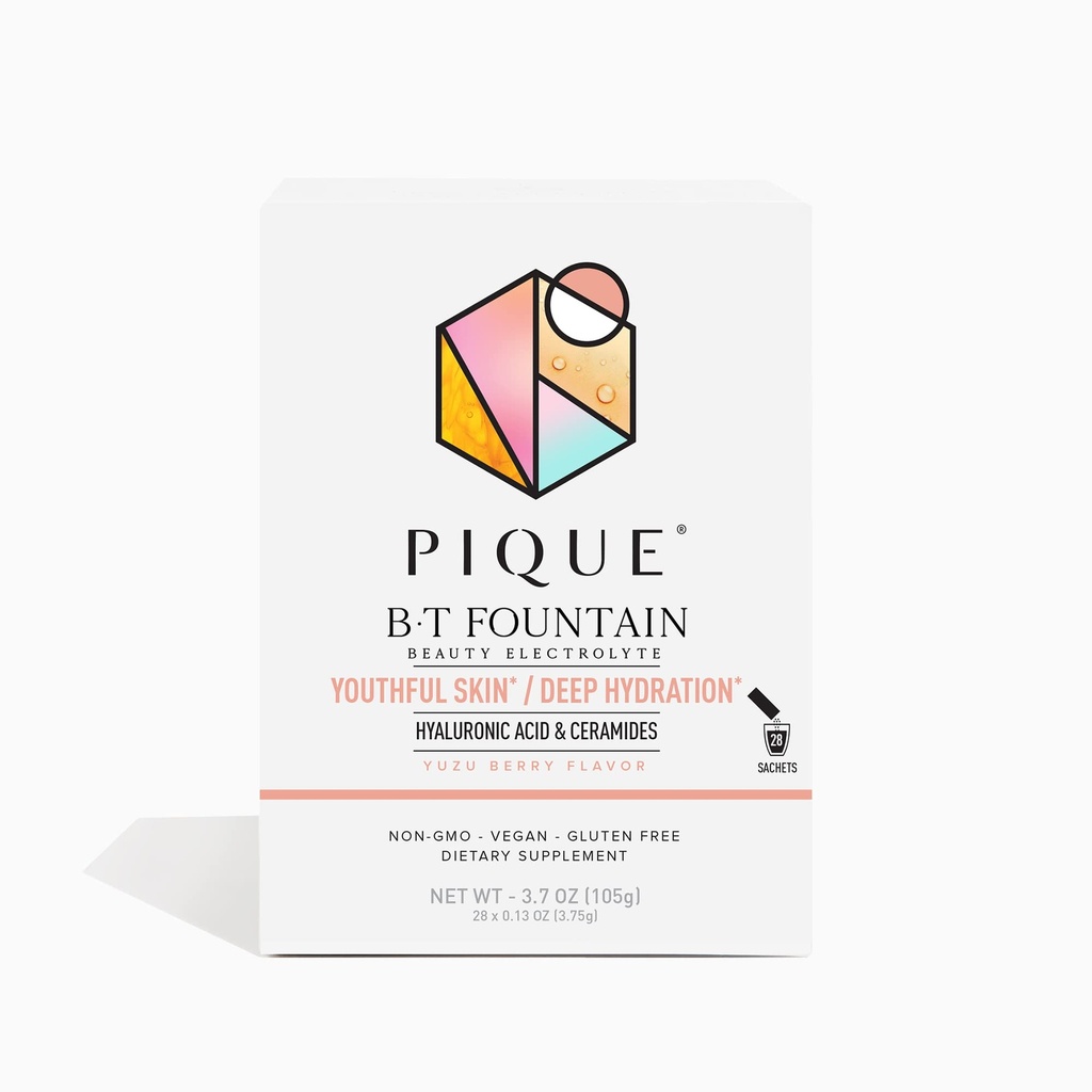 PIQUE BT Fontaine Beauté Poudre d'électrolyte - Paquets en poudre d'hydratation avec acide hyaluronique, Céramides, Magnésium pour peau hydratée et élastique - Pas de sucre ajouté - 28 bâtonnets à portion unique (paquet de 1)
