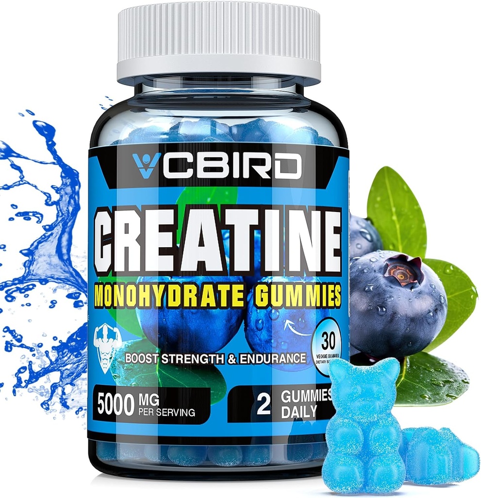 Creatine Monohydraat 5g per portie, Geen Sugar Creatine Supplementen Ondersteuning voor sterkte, prestaties, energie, herstel, Glutenvrije Creatine voor vrouwen en mannen, Bosbessen smaak (30 Gummies132)