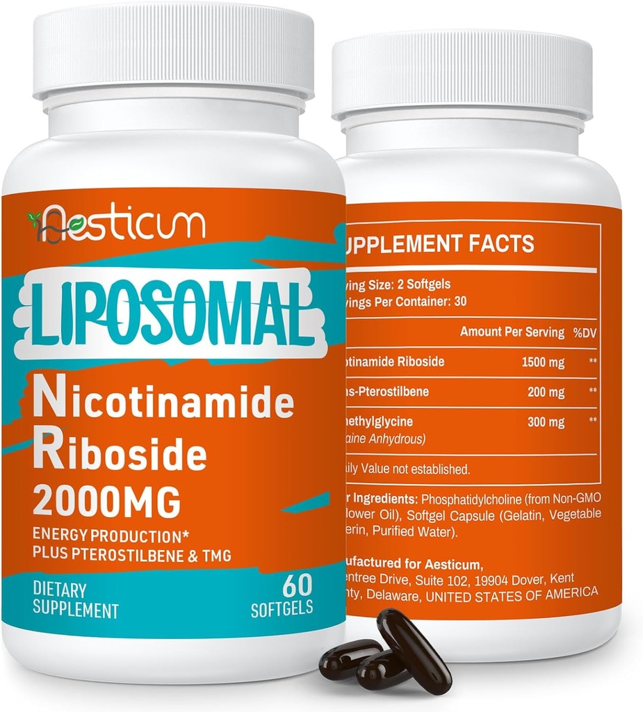 2000 MG Liposomal Nicotinamide Riboside Supplement met TMG & Pterostilbene, Hoge Biobeschikbaarheid NAD+ Boosting Supplement, Superior aan Niacinamide voor energie, Immuniteit, Leeftijdsweerstand, 120 Softgels