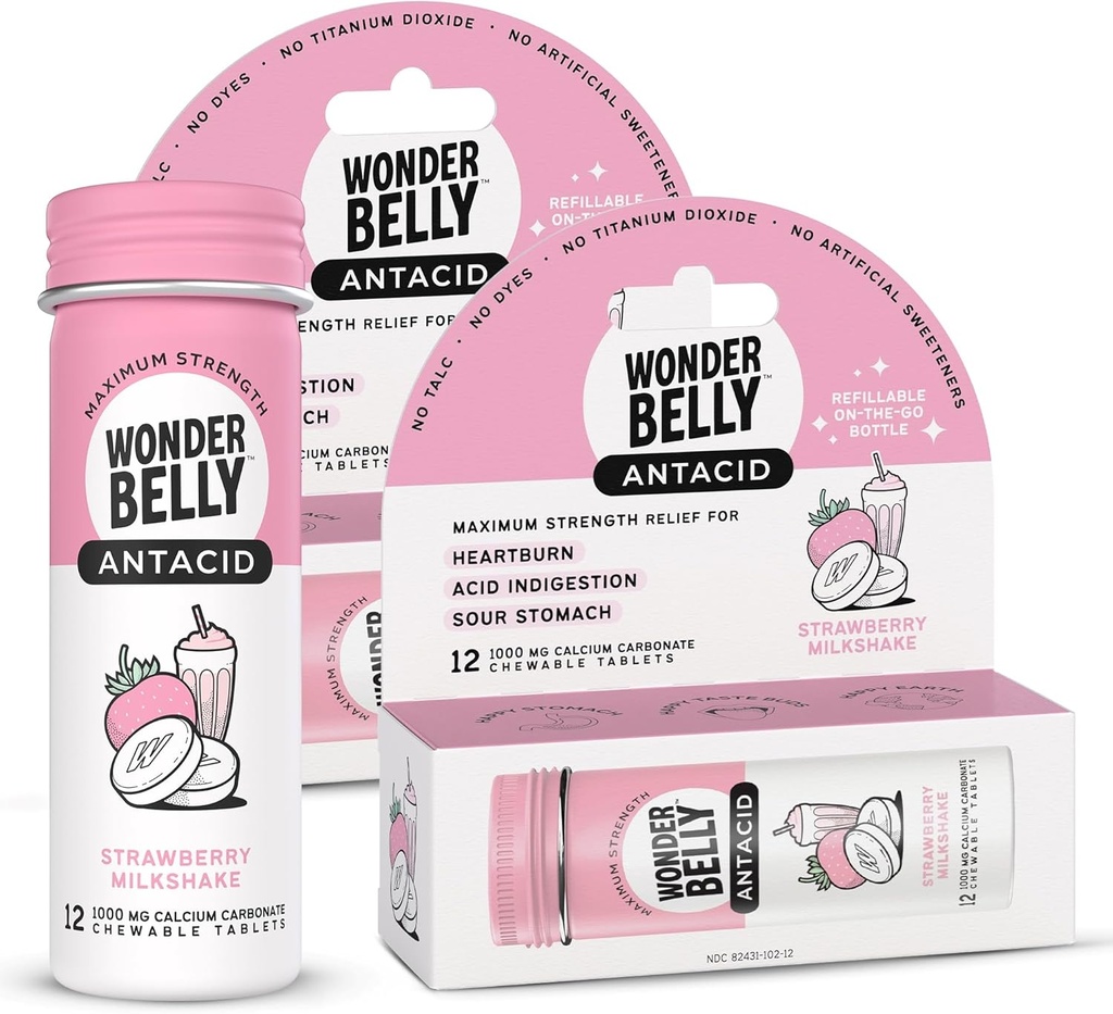 Wonderbaarlijk Antacidum, Effectieve Heartburn & Instant Acid Indigestie Verlichting, Reisgrootte Extra sterkte Kauwtabletten, 1000 mg Calcium Carbonaat, Aardbei Milkshake, 12 Tellen (Pack of 2)