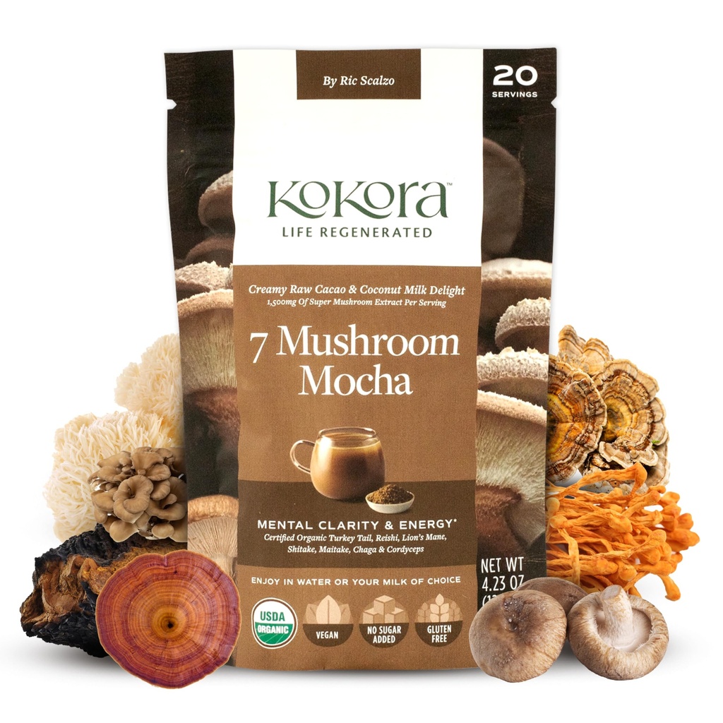 7 Paddestoelenmokka - Organic Adaptogenic Mushroom Powder - Include Turkey Tail & Lions Mane - Energizes & Promotions Mental Clarity* - Veganistisch, glutenvrij, geen toegevoegde suiker - 20 porties - 120g