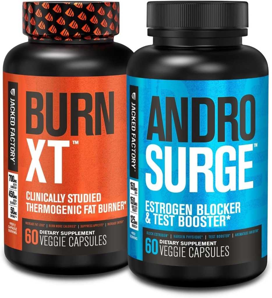 Ge Jacked Factory Burn-XT Thermogenic Fat Burner - Appetite Suppressant for Weight Loss & Androsurge Estrogen Blocker for Men - Testosteron Booster