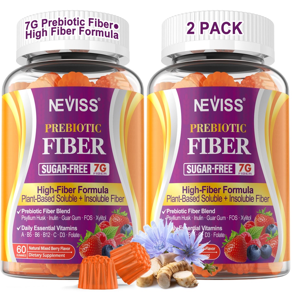 Fiber Gummies voor volwassenen met Psyllium Husk, 7G(Oplosbaar + Onoplosbaar) Dagelijkse Prebiotische Vezel met Inulin, FOS, Guar Gum, Multivitamines voor dagelijkse spijsvertering gezondheid, Regularity Support, Sugar Free,Pack van 2