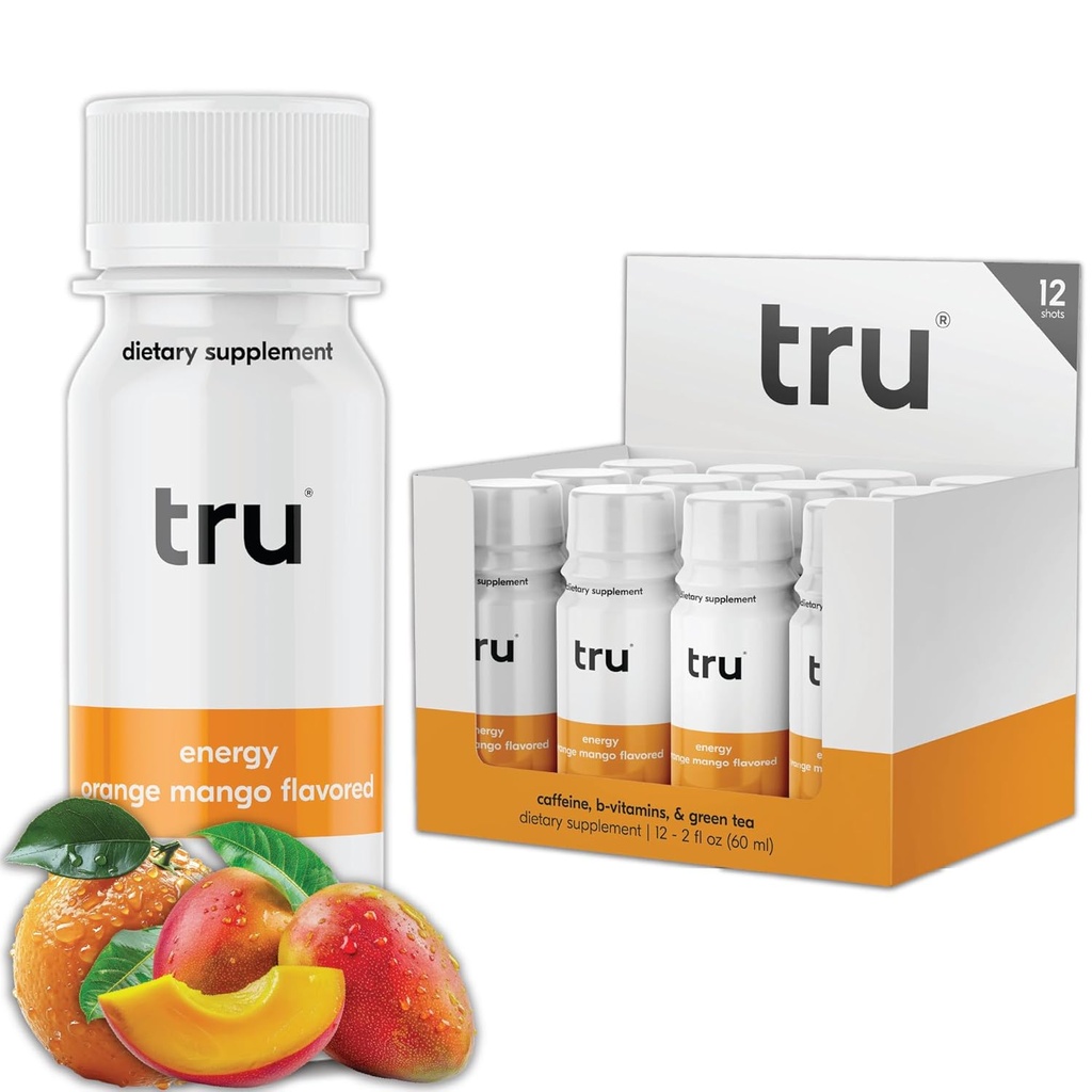 Tru Energy Shot, extra sterkte energie drank met natuurlijke cafeïne, groene thee, B vitamine B3, B6 & vitamine B12, Zero Sugar & Calories, Keto, Veganistan, Glutenvrij, Orange Mango, 2 FL OZ flessen, 12 Pack