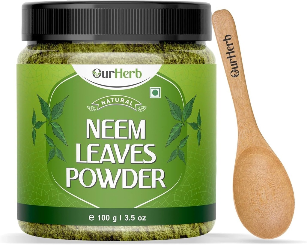 Neem feuilles poudre solution naturelle pour la peau claire sans boutons et cheveux soyeux, idéal pour les packs visage, soins des cheveux, et le soutien de la pigmentation avec cuillère en bois – 100g