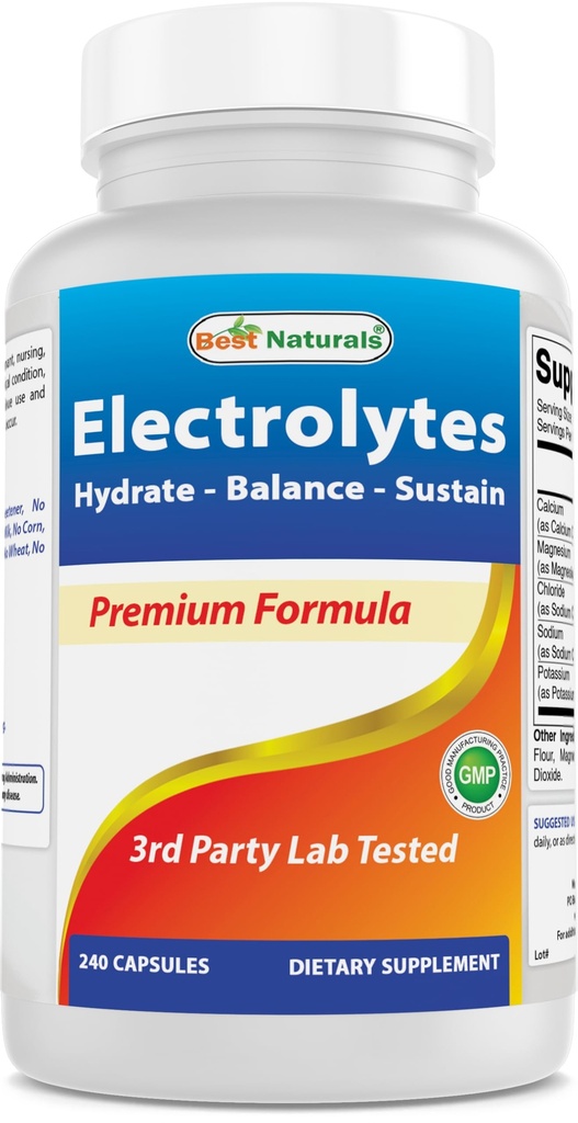 Best Naturals Electrolytes Hydrate-Balance- Sustain Premium Formula 240 Capsules. Glutenvrij en niet-GMO.