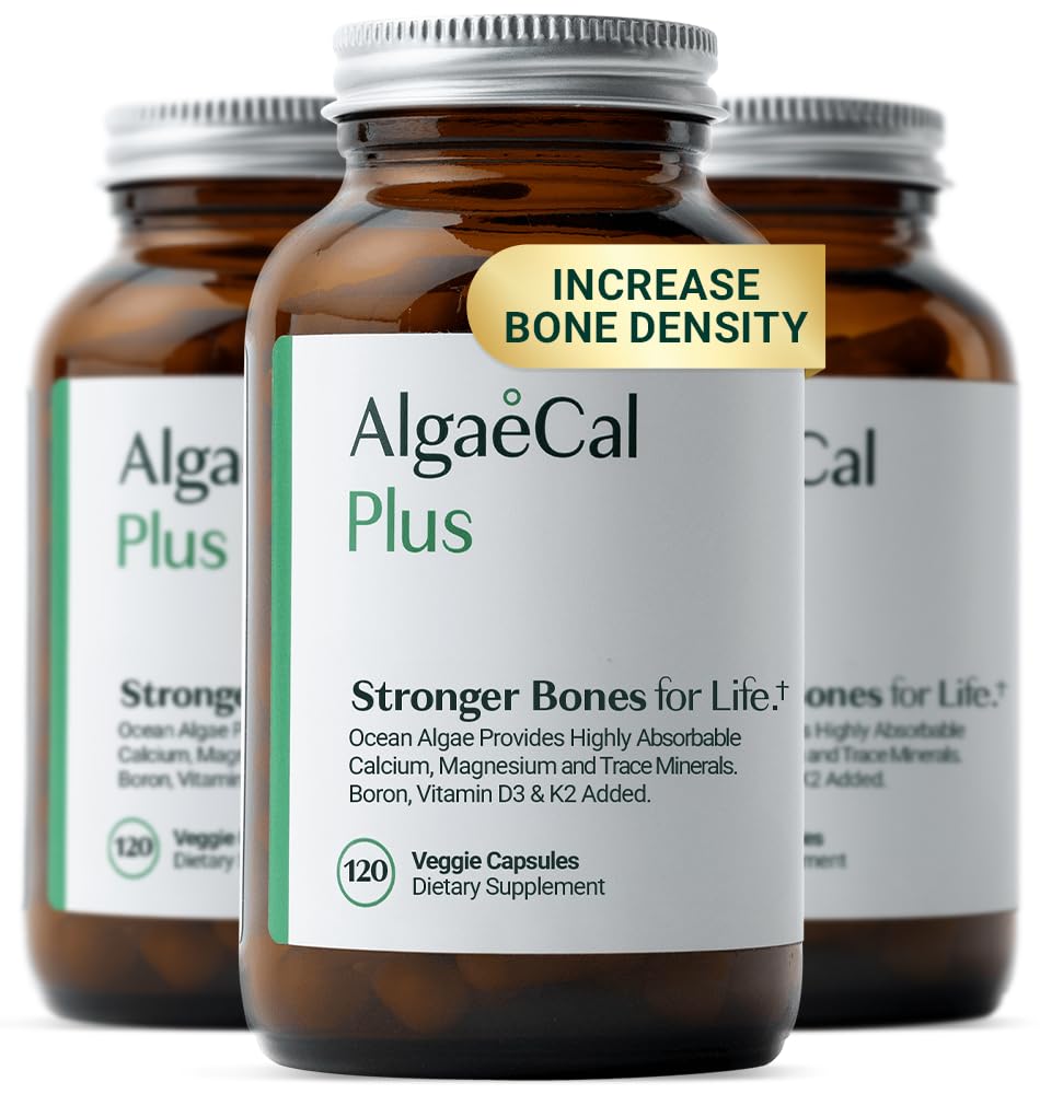 ALGAECAL supplément de calcium d'algues rouges organiques pour la densité et la résistance des os, vitamine K2 MK7 (100mg), vitamine D3 (1600 UI), magnésium (350mg) et minéraux traces, facile à avaler, 120 capsules de légumes