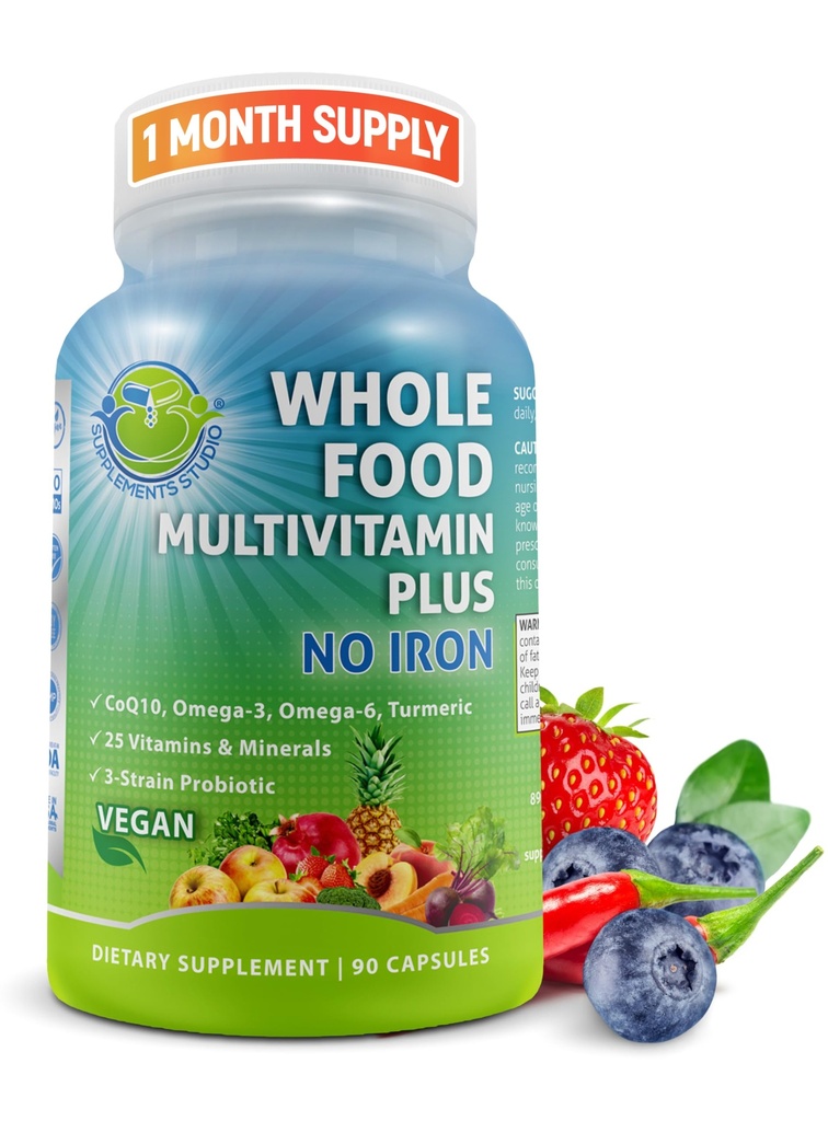 Vegan Whole Food Dagelijkse Multivitamine zonder ijzer, Gemethyleerde Multivitamine voor vrouwen en mannen, Gemaakt met groenten en fruit, B-complex, Probiotica, Enzymen, CoQ10, Omega's, Kurkuma, Non-GMO, 90 Tellen