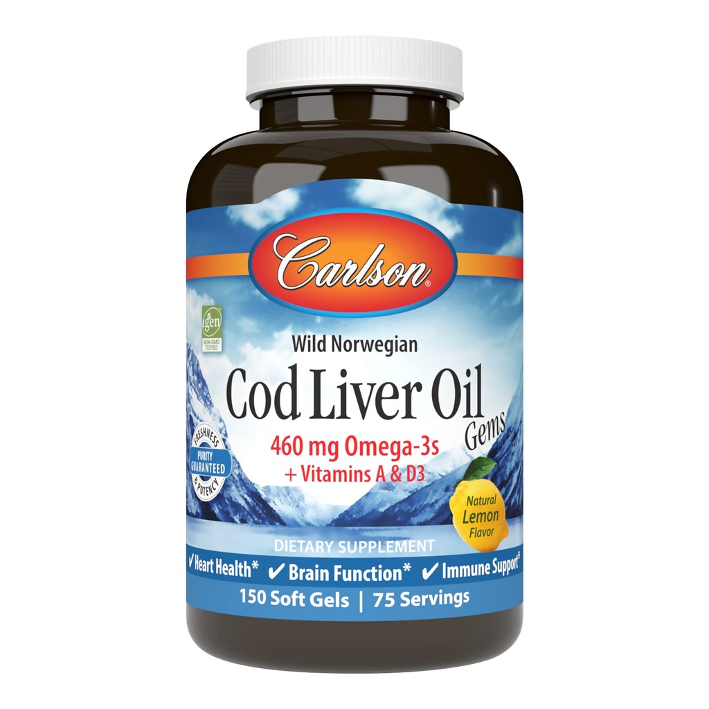 Carlson - Cod Liver Oil Gems, 460 mg Omega-3s, Plus Vitamines A en D3, Wild Caught Norwegian Arctic Cod Liver Oil, Sustainablely Sourced Nordic Fish Oil Capsules, Lemon, 150 Softgels