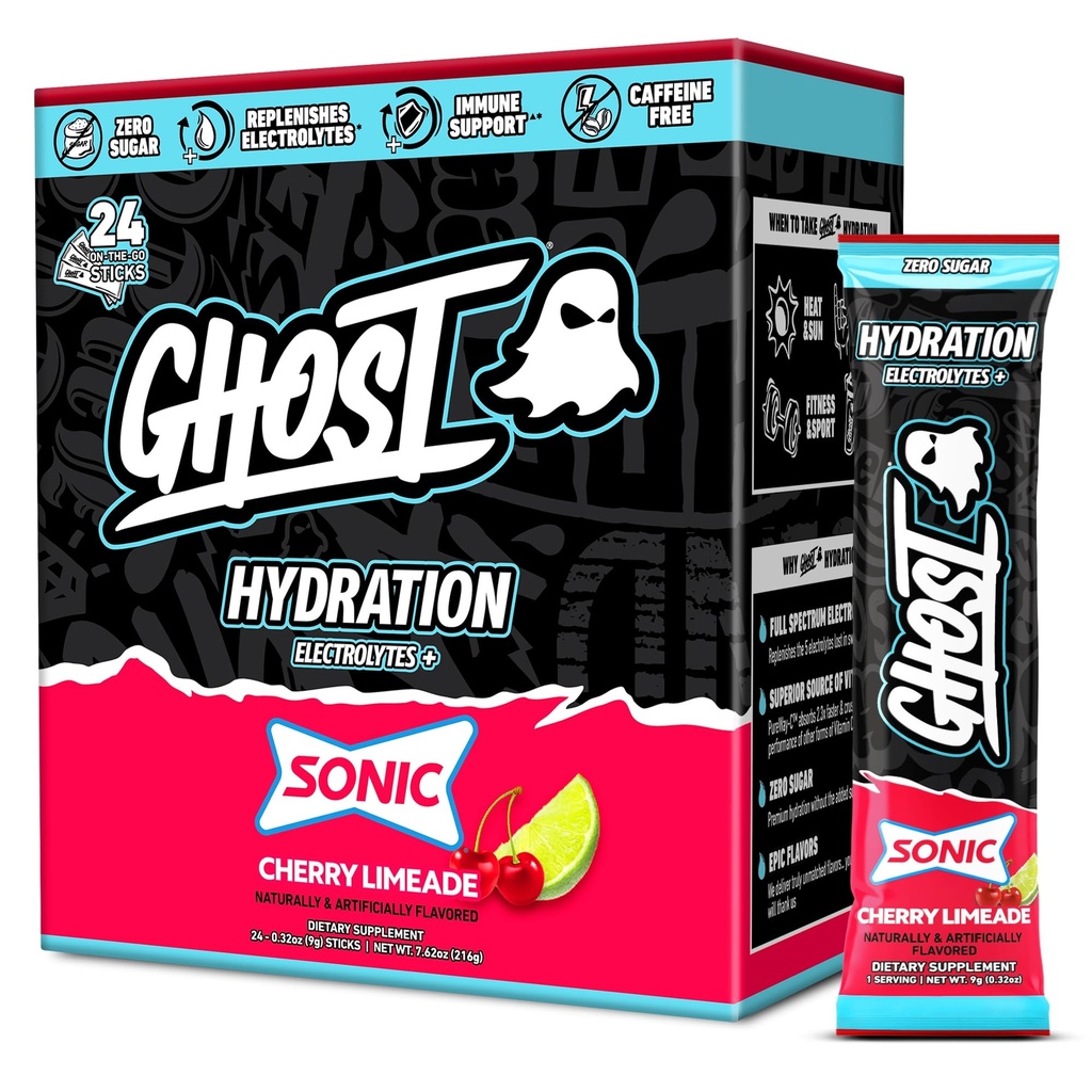 GHOST Hydration Packets, Sonic Cherry Limeade, 24 Sticks, Electrolyte Powder - Drink Mix Supplement met Magnesium, Kalium, Calcium, Vitamine C - Vegan vriendelijk, vrij van soja, Suiker & Gluten