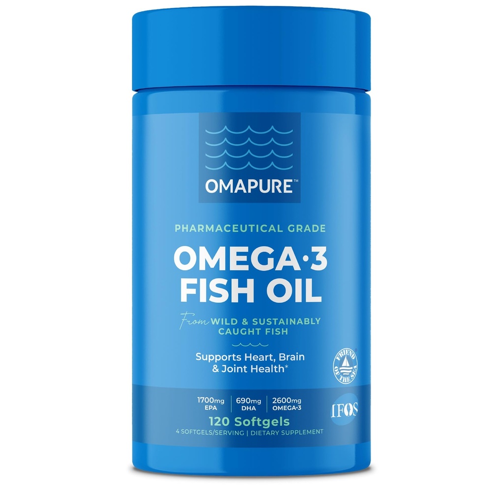 OMAPURE Fish Oil Supplements with Omega 3 Fatty Acids (1 Bottle, 120 Softgels) - High EPA, DHA, & IFOS Fish Oil Pillen ondersteunen Hart & Joint Health - Burpless Fish Oil bevordert hersenfunctie