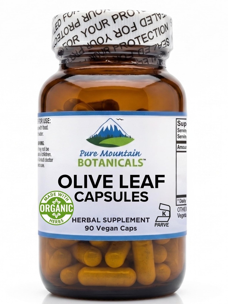 Pure Mountain Botanicals Olive Leaf Extract Capsules - Kosher Vegan Caps Now with 400mg Organic Olive Leaf and Potent Extract Supplement