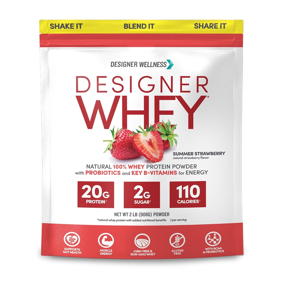 Designer Wellness, Designer Whey, poudre naturelle de protéines de Whey avec probiotiques, fibre et clés B-vitamines pour l'énergie, sans gluten, fraise d'été, 2 lb
