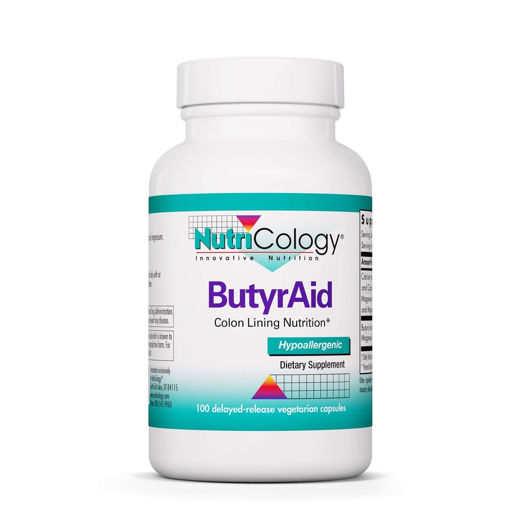 NutriCology ButyrAid Colon Lining Nutrition - Supports Gut and Colon Health - Digestive Support - Delivers 200 mg - Vegetarian & Hypoallergenic - 100 Servings - 100 Delayed-Release Capsules