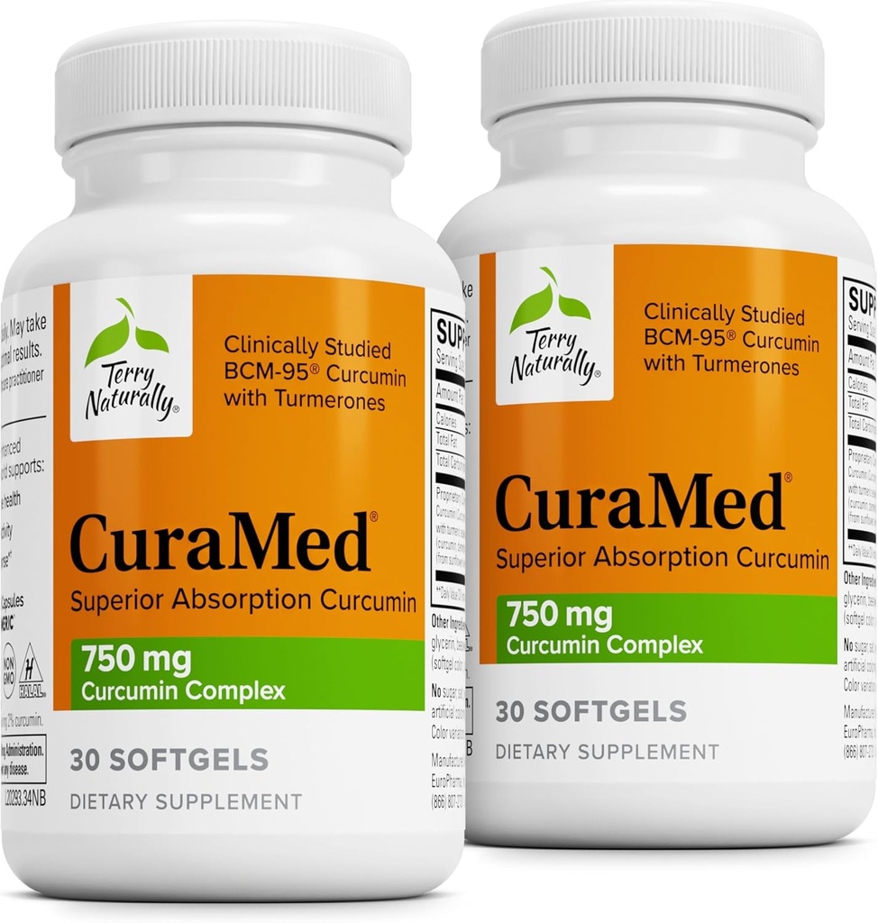Terry naturellement CuraMed 750mg - Supplément antioxydant pour la santé du cerveau et du coeur - Supplément avec complexe de curcumine de haute puissance - Soutien de santé au rein, au foie et aux immunones - 30 Softgels (paquet de 2)