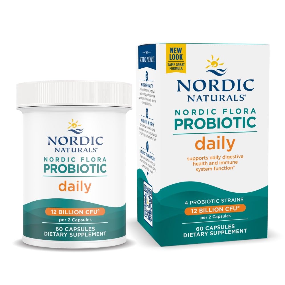 Nordic Naturals Nordic Flora Probiotic Daily - 60 Capsules - 4 Probiotische Strains met 12 Miljard Culturen - Optimale Wellness, Immune Support, Digestieve Gezondheid - Non-GMO, Vegan - 30 Servers