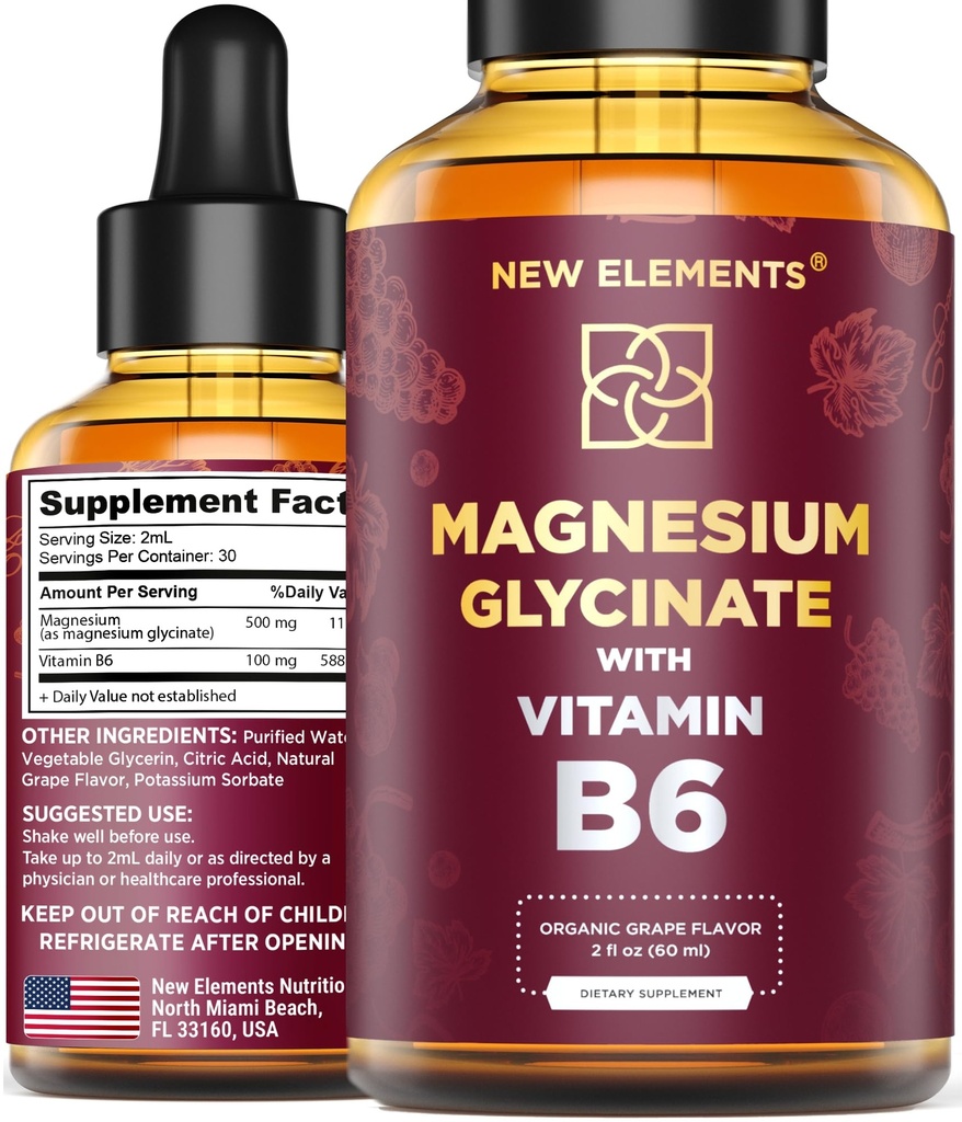 Vloeibare Magnesium Glycineer druppels met vitamine B6 - Magnesium Supplement 500mg & vitamine B6 100mg 