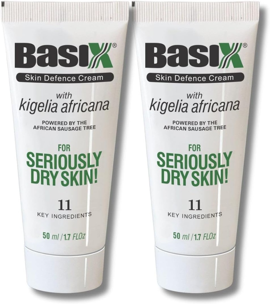 Basix Skin Defence Repair Cream (Twin Pack) Kigelia Afrikaanse worst Boom Soothes Eczema Psoriasis Dermatitis Acne Natuurlijke ingrediënten voor droge jeukende huid Citroen Ginger Plum Rosemary Vitamine E Rose Aloë